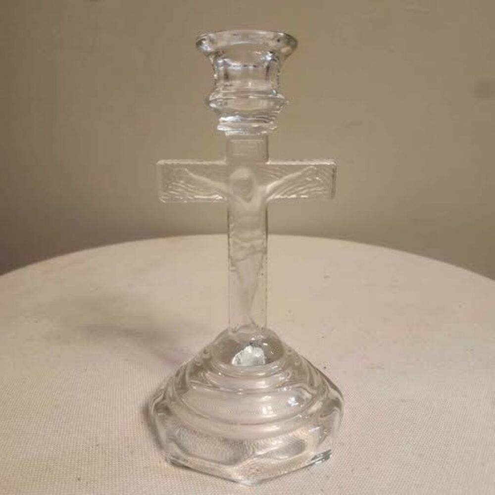 Vintage Home Interior Glass Crucifix Candlestick Holder INRI Jesus on the Cross